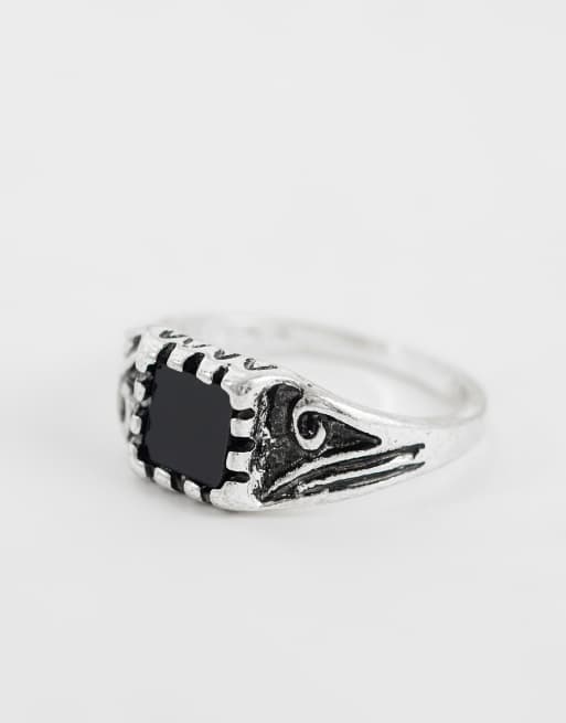 ASOS DESIGN black stone groove detail ring in burnished silver, 3 of 3