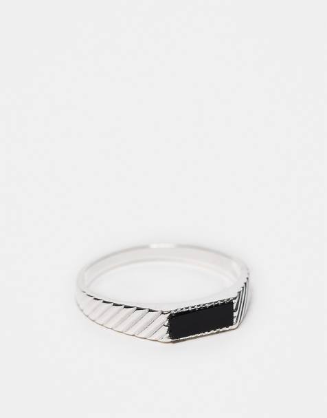 ASOS DESIGN black stone signet ring in sterling silver - view 1