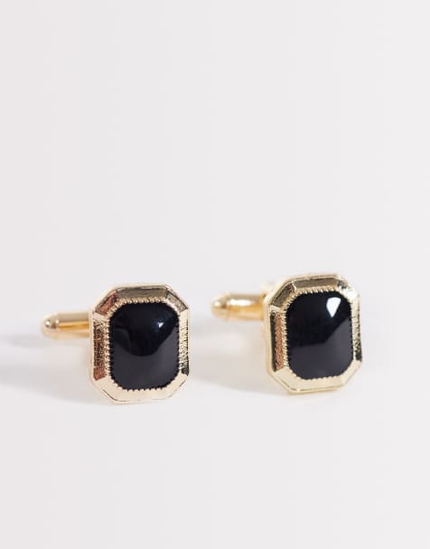 ASOS DESIGN black stone with textured detail edge cufflinks in gold - view 1