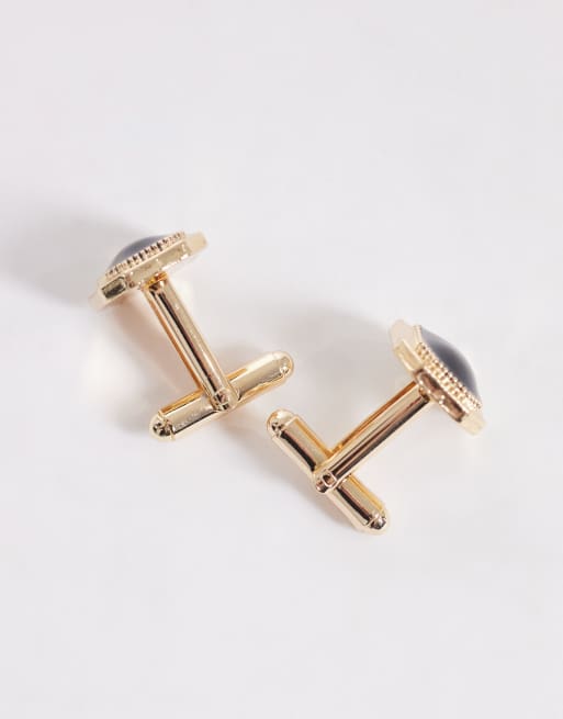 ASOS  DESIGN black stone with textured detail edge cufflinks in gold, 2 of 3