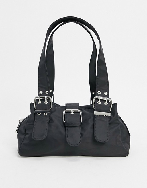 ASOS DESIGN nylon utility shoulder bag with buckles in black