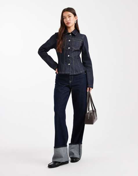 ASOS DESIGN – Bläckblå skjortjacka med krage, fickor och dekorativ söm i denim - view 1