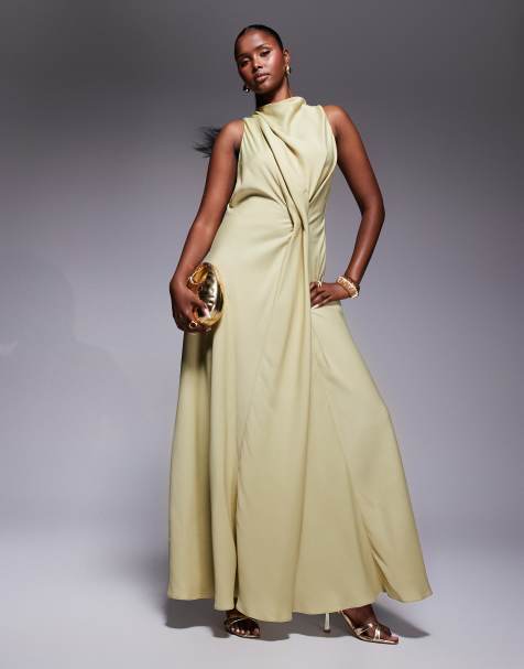 ASOS DESIGN – Bladooliwkowa satynowa sukienka maxi z zabudowanym dekoltem, drapowaniem i zaszewką - view 1