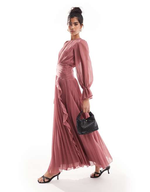 ASOS DESIGN – Bladopomarańczowa sukienka maxi z marszczeniem w pasie i zabudowanym dekoltem