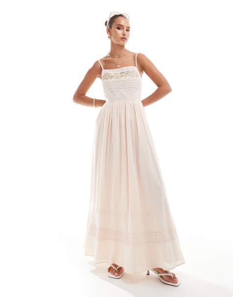 ASOS DESIGN embroidered maxi strappy dress with lace trims in antique rose