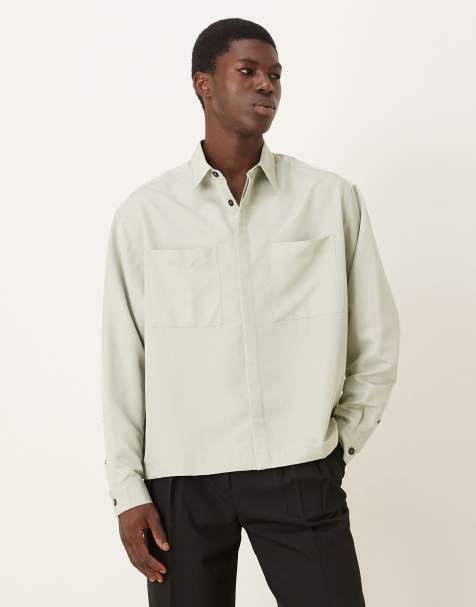 ASOS DESIGN oversized long sleeve revere shirt in mineral grey