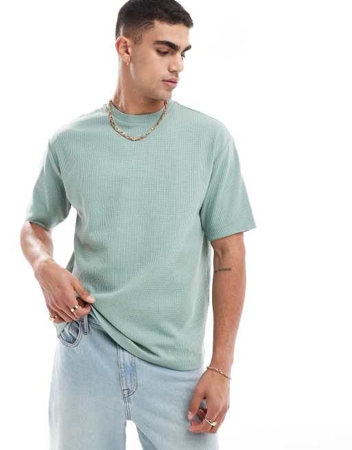 ASOS DESIGN – Bladozielony gruby T-shirt o luźnym fasonie i waflowej teksturze w wywijanymi rękawami