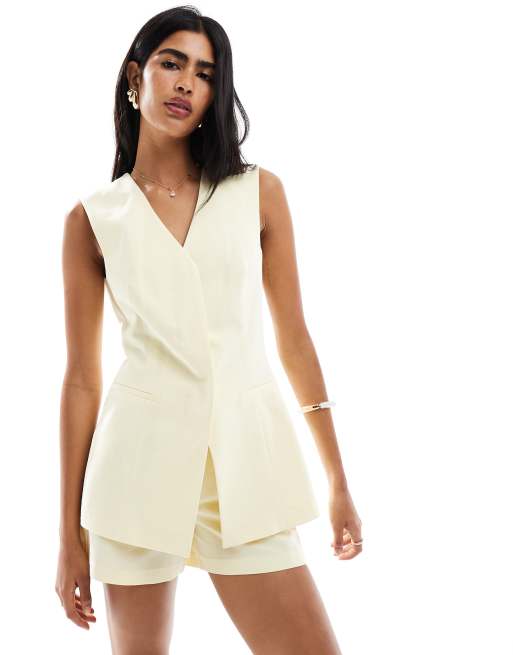 ASOS DESIGN – Bladożółta dopasowana kamizelka o wydłużonym fasonie z domieszką lnu
