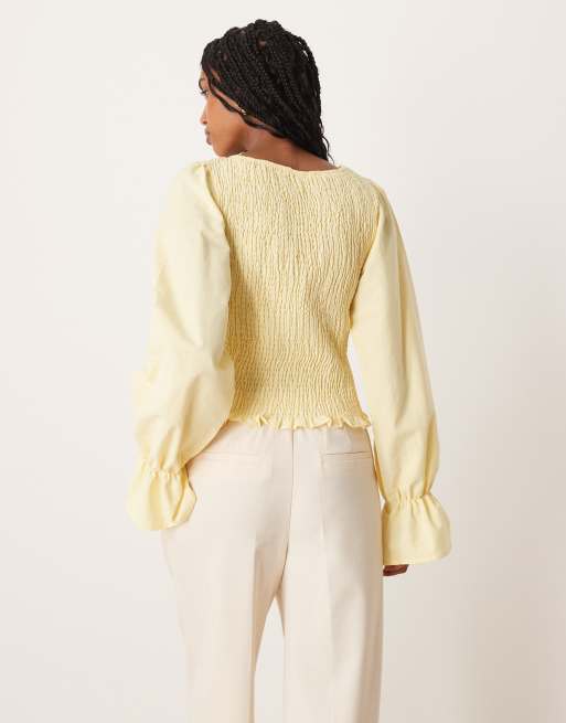 ASOS DESIGN – Bladożółta marszczona bluzka z imitacji lnu, 3 z 4