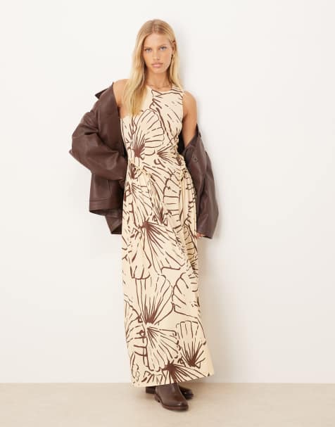 ASOS DESIGN sleeveless frill hip detail midi dress in buttermilk and brown shell print