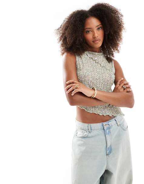 ASOS DESIGN printed mesh floral spliced asymmetric slash neck top in buttermilk