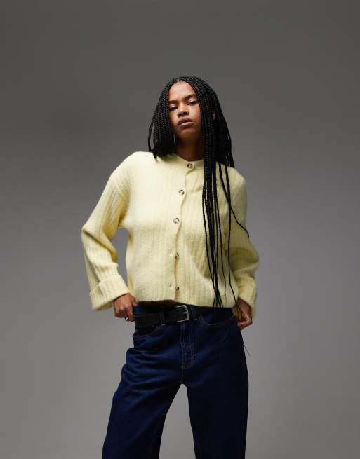 ASOS DESIGN – Bladożółty dzianinowy kardigan z podwijanymi mankietami i domieszką wełny