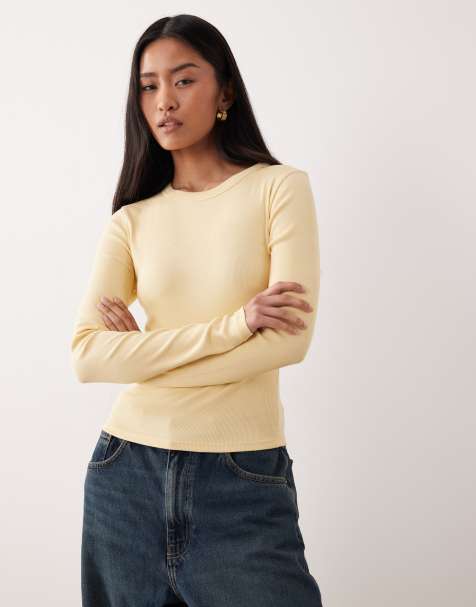 ASOS DESIGN – Bladożółty prążkowany top z długimi rękawami i okrągłym dekoltem - view 1
