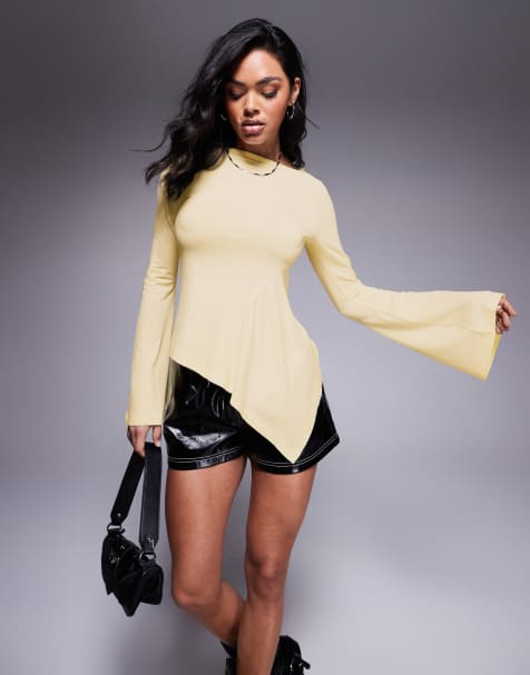 ASOS DESIGN angel sleeve top with godet detail in buttermilk