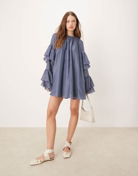 ASOS DESIGN – Blågrå miniklänning i voile med volangärmar - view 1