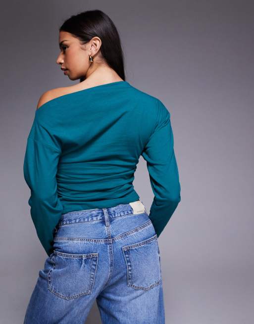ASOS DESIGN - Blågrøn asymmetrisk offshoulder-top med lange ærmer og indsyet talje, 4 af 4