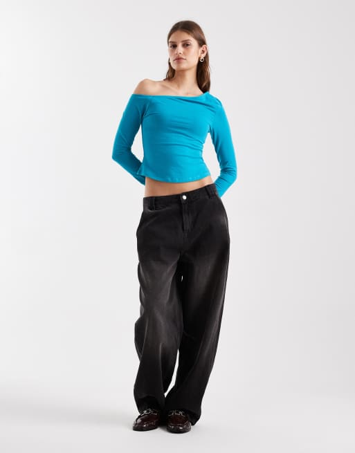 ASOS DESIGN - Blågrøn og langærmet offshoulder-top i bomuld, 2 af 4