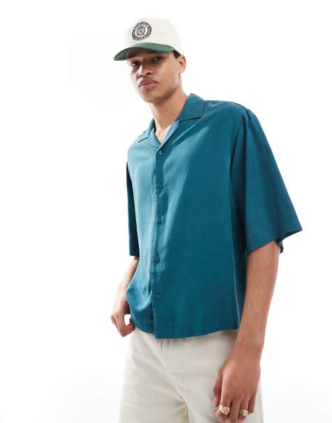 ASOS DESIGN - Blågrøn oversized skjorte med reverskrave i firkantet pasform - view 1