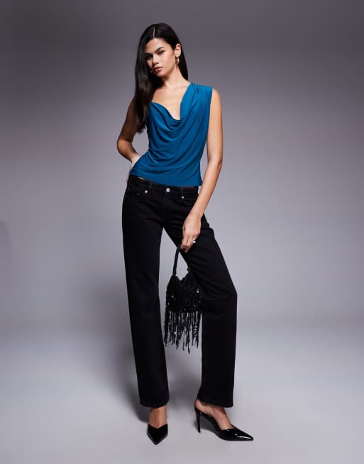 ASOS DESIGN - Blågrøn tætsiddende top med asymmetrisk vandfaldsudskæring, 2 af 4