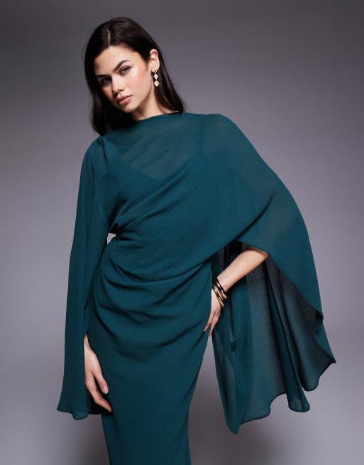 ASOS DESIGN – Blågrön, draperad midaxiklänning med öppen rygg, capedetalj och kimonoärmar, 4 av 4