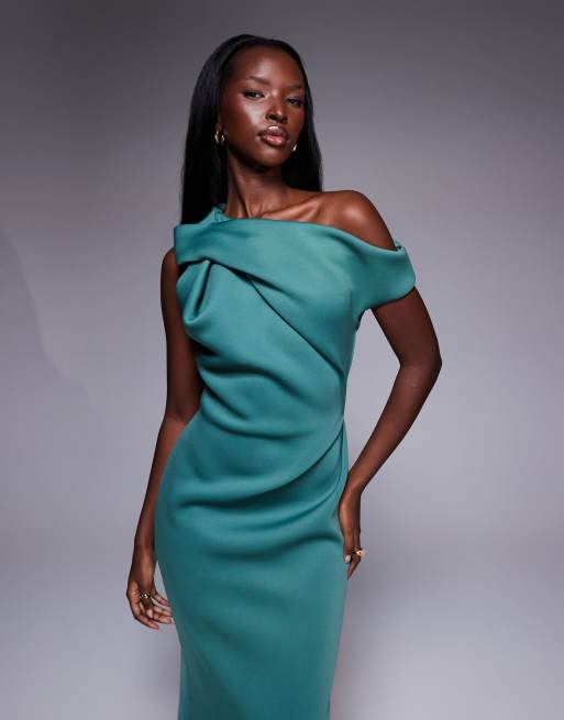 ASOS DESIGN – Blågrön, enaxlad midiklänning med draperad ringning i scubaliknande tyg, 2 av 4