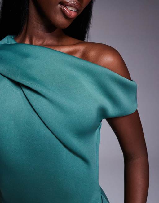 ASOS DESIGN – Blågrön, enaxlad midiklänning med draperad ringning i scubaliknande tyg, 4 av 4