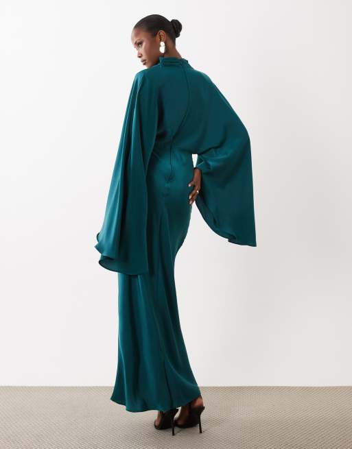 ASOS DESIGN – Blågrön maxiklänning i satin med ståkrage och extra stora ärmar, 4 av 4
