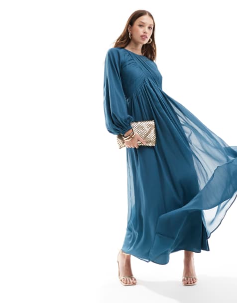 ASOS DESIGN – Blågrön maxiklänning med omlottliv och ballongärmar - view 1