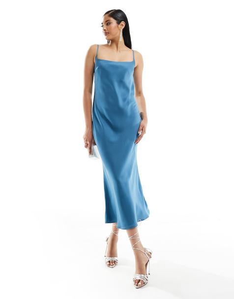 ASOS DESIGN – Blågrön midi-slipklänning i satin med djup ringning - view 1