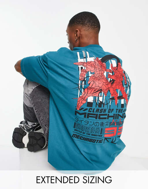 ASOS DESIGN – Blågrön t-shirt i oversize med animetryck baktill