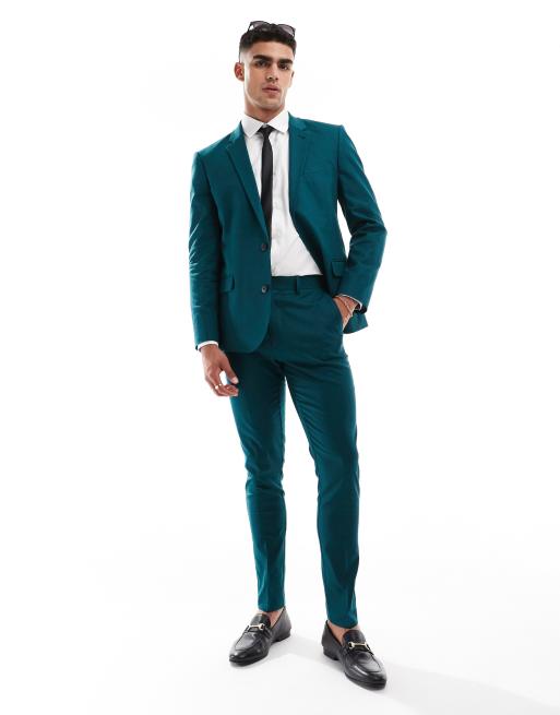 ASOS DESIGN – Blågröna kostymbyxor i linne med extra smal passform