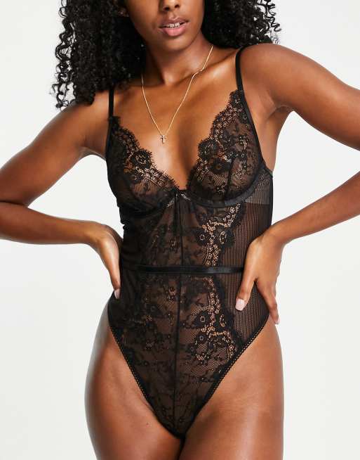 ASOS DESIGN Bette lace and mesh soft babydoll thong set black