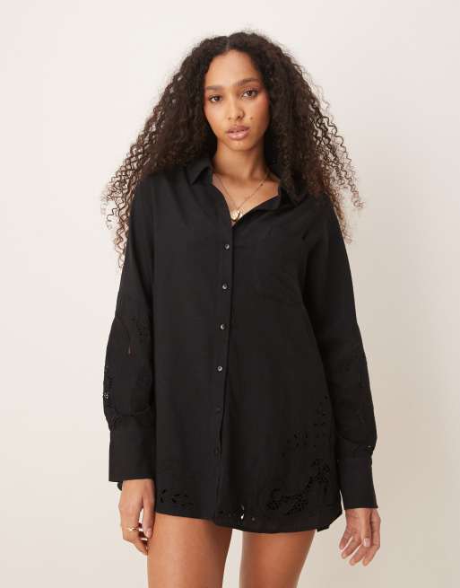 ASOS Design Blake broderie oversized Beach shirt cover up in Black