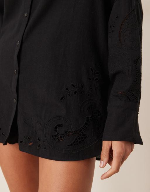 ASOS DESIGN Blake broderie oversized beach shirt cover up in black, 3 of 4