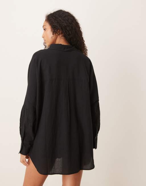 ASOS Design Blake broderie oversized Beach shirt cover up in Black