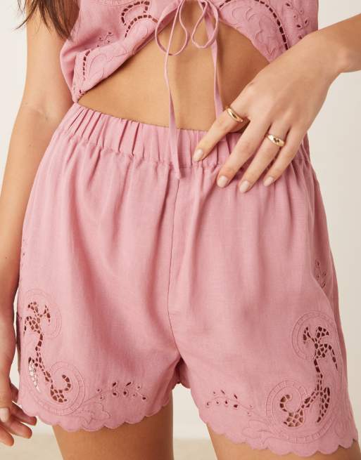 ASOS DESIGN - Blake - Broderie strandshort van linnenmix in poederroze, 5 van 5