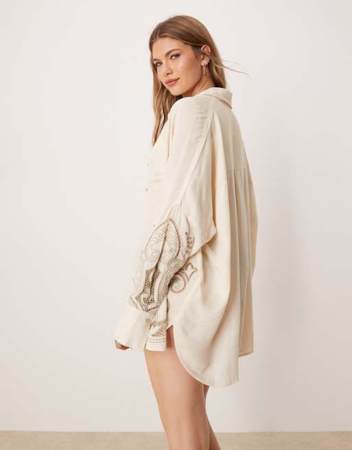 ASOS DESIGN Blake eyelet linen blend oversized beach cover up shirt in  stone | ASOS