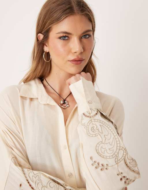 ASOS DESIGN Blake eyelet linen blend oversized beach cover up shirt in stone, 4 of 4