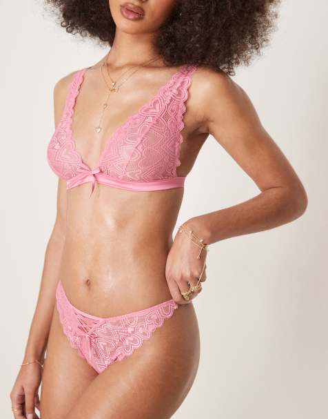 ASOS DESIGN – Blake – Różowe figi brazylijskie z gorsetową wstawką z koronki we wzór w serca - view 1