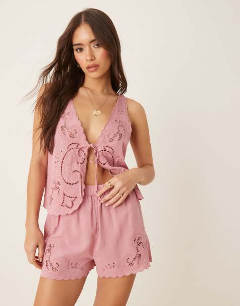 ASOS DESIGN - Blake - Strand-co-ord set van linnenmix met broderie in oudroze - view 1
