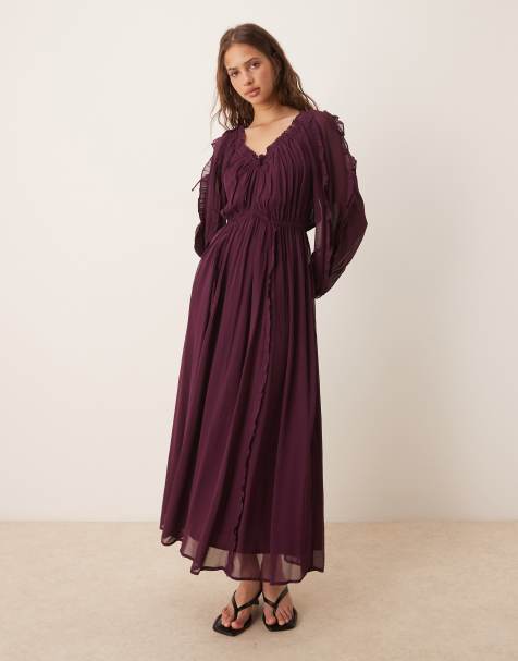 ASOS DESIGN – Blålila maxiklänning med volang, v-ringning och knytning framtill - view 1