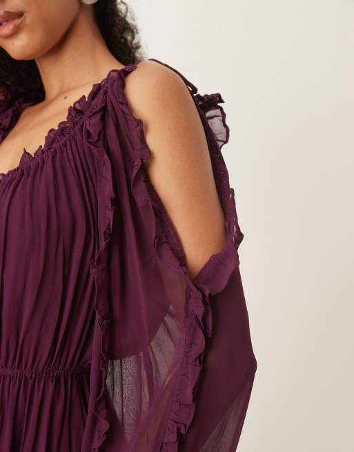 ASOS DESIGN – Blålila maxiklänning med volang, v-ringning och knytning framtill, 2 av 4