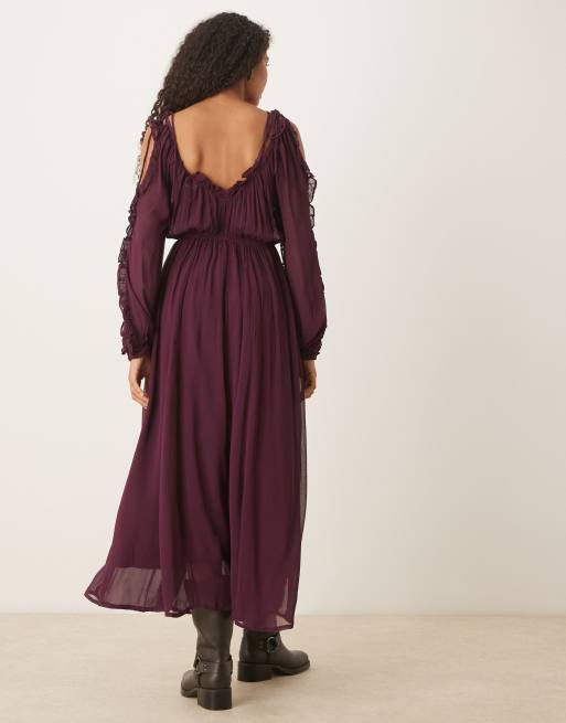 ASOS DESIGN – Blålila maxiklänning med volang, v-ringning och knytning framtill, 3 av 4