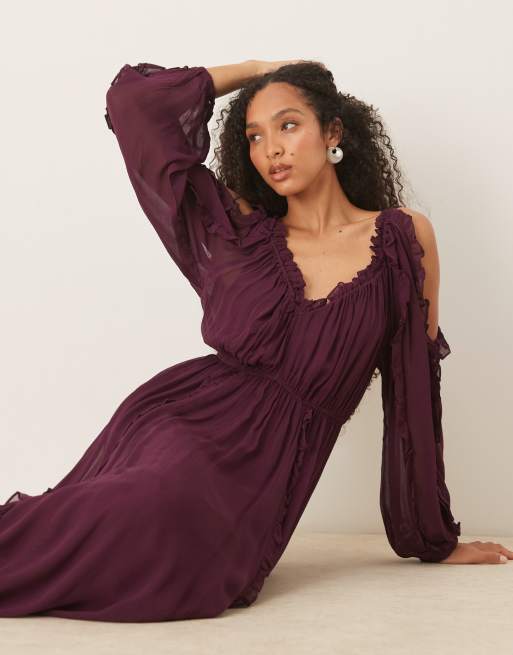 ASOS DESIGN – Blålila maxiklänning med volang, v-ringning och knytning framtill, 4 av 4