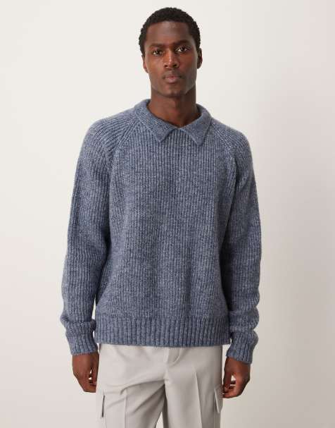 ASOS DESIGN – Blåmelerad, kabelstickad, oversize tröja i kraftig ylleblandning med krage - view 1