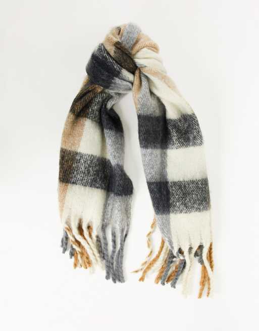 ASOS DESIGN blanket scarf with check detail in gray and camel