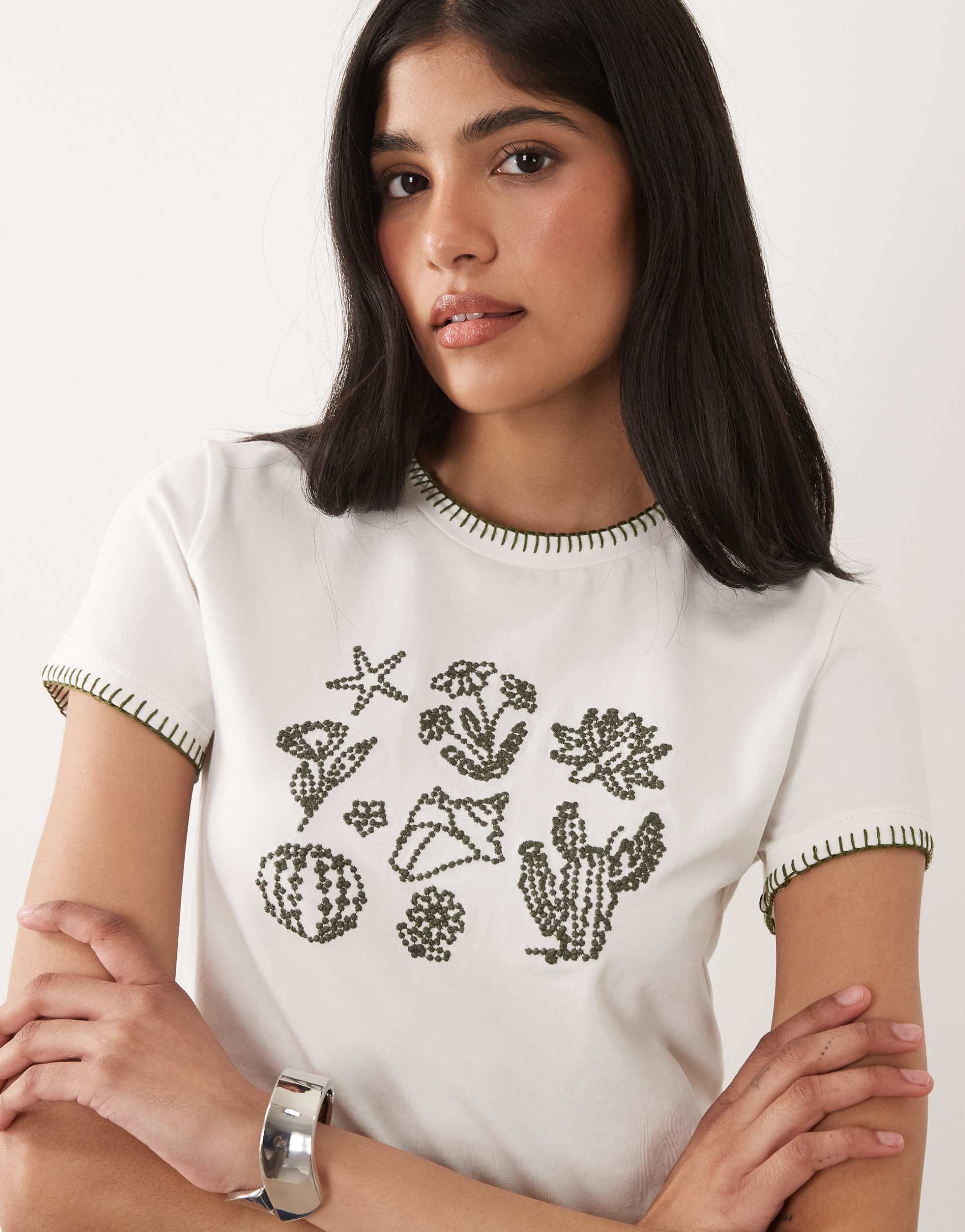asos design blanket stitch baby tee with beach embroidery in white