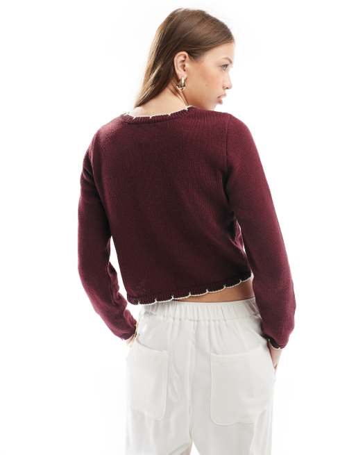 ASOS DESIGN blanket stitch cardigan in burgundy