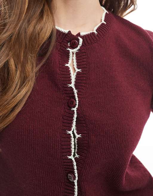 ASOS DESIGN blanket stitch cardigan in burgundy