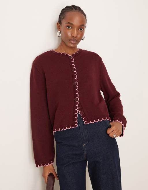 ASOS DESIGN blanket stitch cardigan in burgundy ASOS